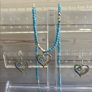 Heart Pendant Necklace and Earring Set - Silver and Blue. 22”